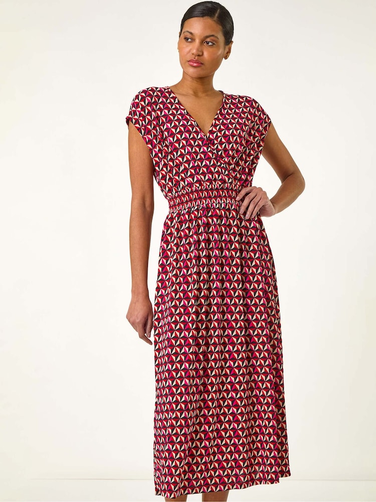 Roman Geo Print V-Neck Stretch Midi Dress - Image 1 of 5