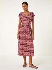 Roman Geo Print V-Neck Stretch Midi Dress - Image 2 of 5
