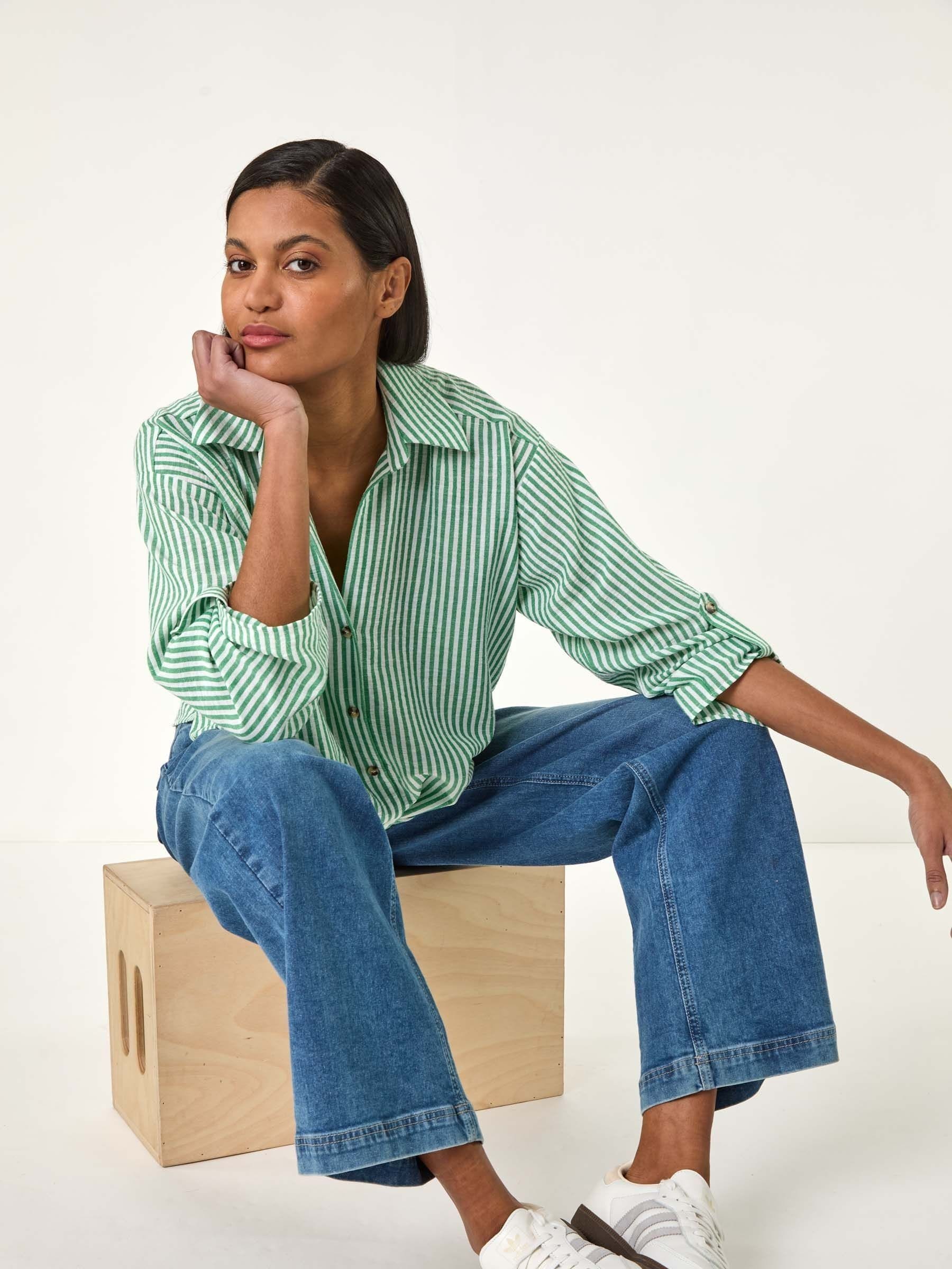 Roman Green Twisted Hem Striped Shirt