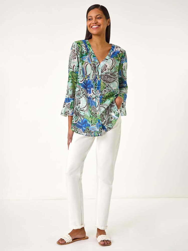 Roman Blue Paisley V-Neck Blouse - Image 2 of 5