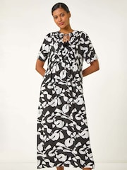 Roman Black Abstract Print Tie Front Midi Dress - Image 2 of 5