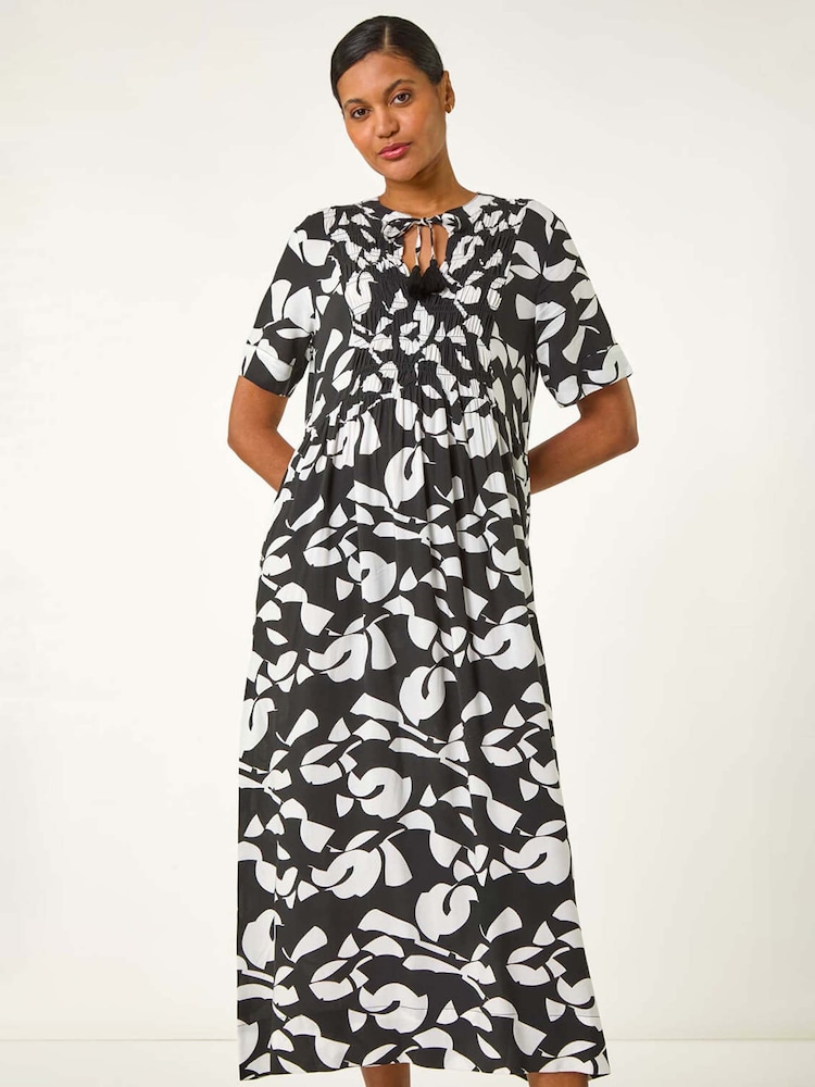Roman Black Abstract Print Tie Front Midi Dress - Image 2 of 5