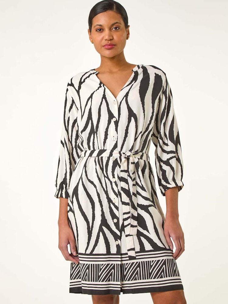 Roman White Abstract Border Tie Shirt Dress - Image 2 of 5