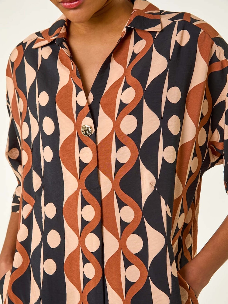 Roman Brown Geometric Collared Shirt Dress - Image 5 of 5
