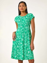 Roman Green Floral Puff Print Midi Dress - Image 1 of 5