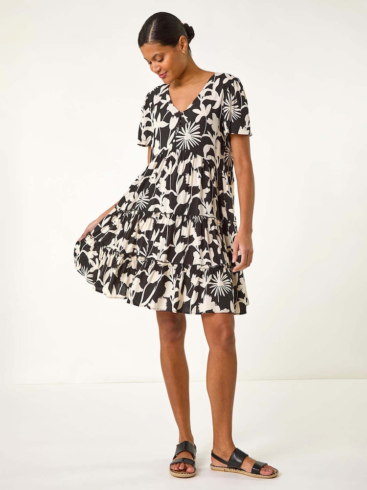 Roman Black Shadow Floral Tiered Smock Dress - Image 2 of 5