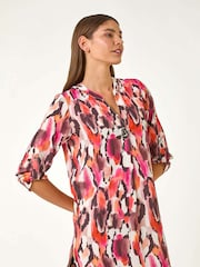 Roman Orange Abstract Print V-Neck Button Top - Image 1 of 5