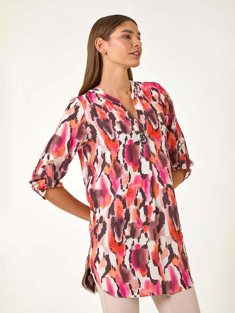 Roman Orange Abstract Print V-Neck Button Top - Image 1 of 5