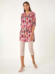 Roman Orange Abstract Print V-Neck Button Top - Image 2 of 5