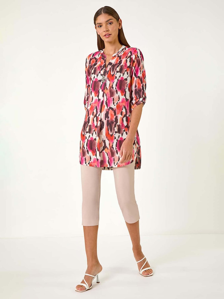 Roman Orange Abstract Print V-Neck Button Top - Image 2 of 5