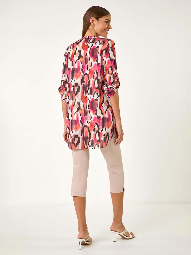 Roman Orange Abstract Print V-Neck Button Top - Image 3 of 5