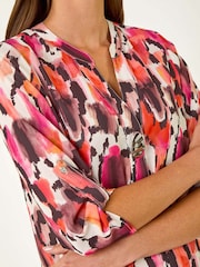 Roman Orange Abstract Print V-Neck Button Top - Image 5 of 5
