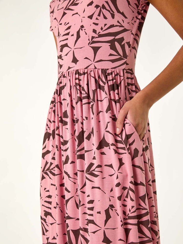 Roman Pink Floral Print Stretch Midi Dress - Image 5 of 5