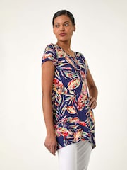 Roman Denim Blue Leaf Print Hanky Hem Tunic Top - Image 1 of 5