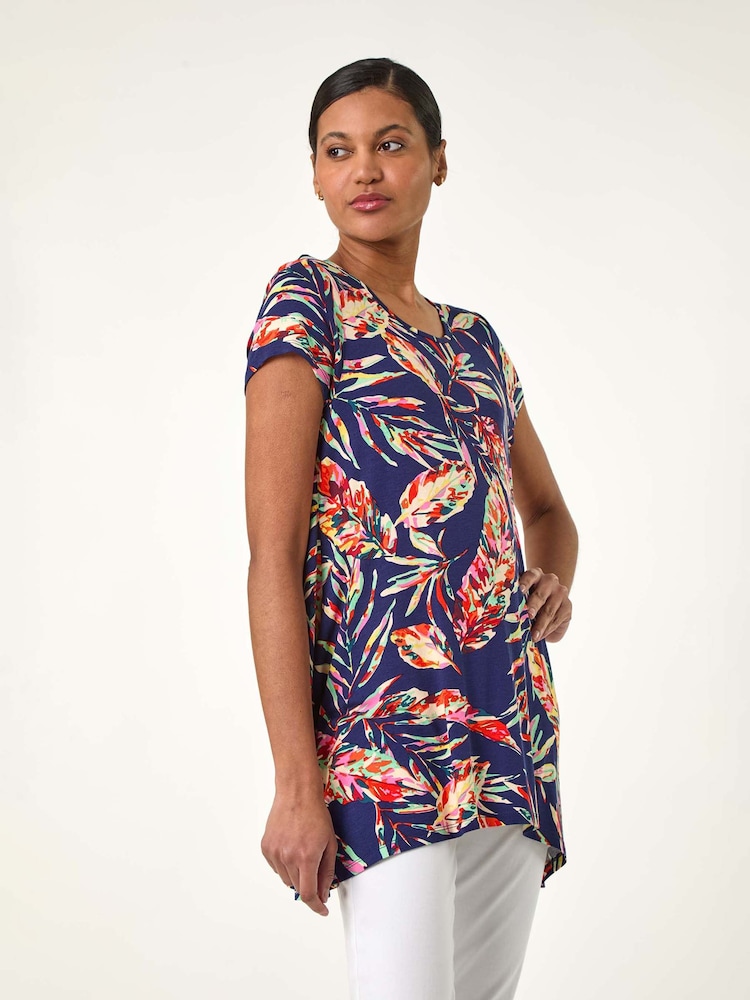 Roman Denim Blue Leaf Print Hanky Hem Tunic Top - Image 1 of 5
