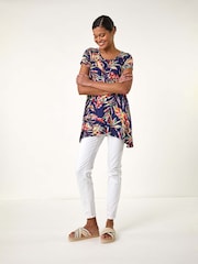 Roman Denim Blue Leaf Print Hanky Hem Tunic Top - Image 2 of 5