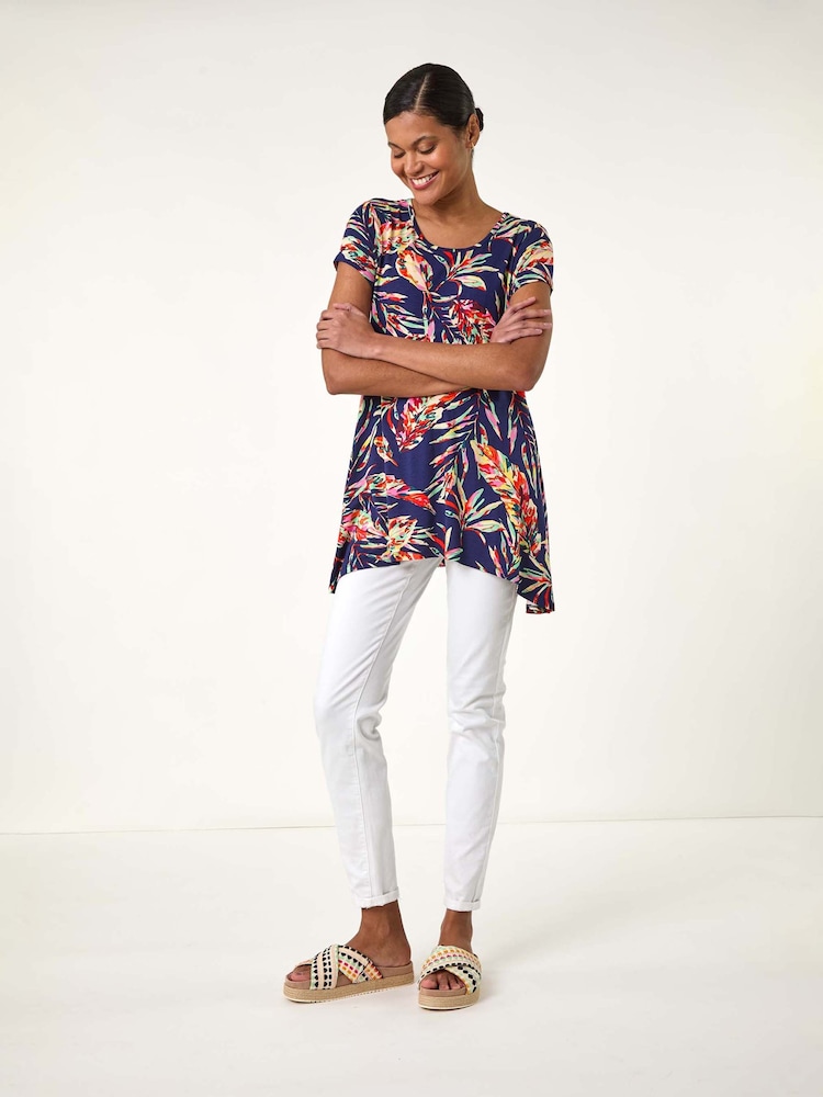 Roman Denim Blue Leaf Print Hanky Hem Tunic Top - Image 2 of 5