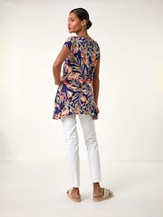 Roman Denim Blue Leaf Print Hanky Hem Tunic Top - Image 3 of 5
