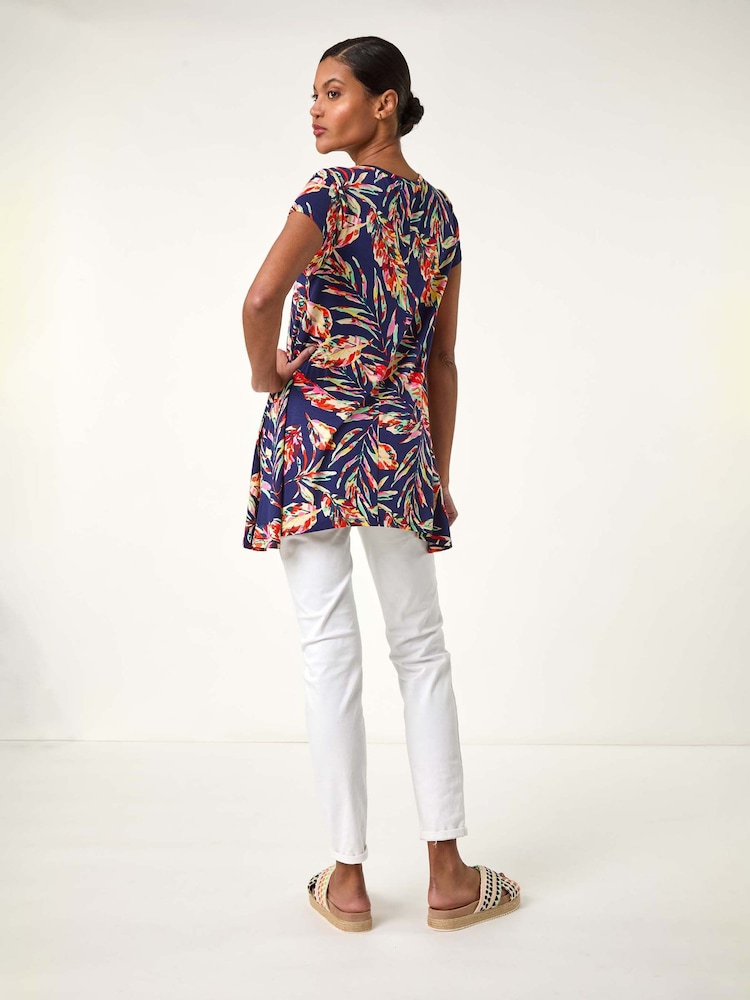 Roman Denim Blue Leaf Print Hanky Hem Tunic Top - Image 3 of 5