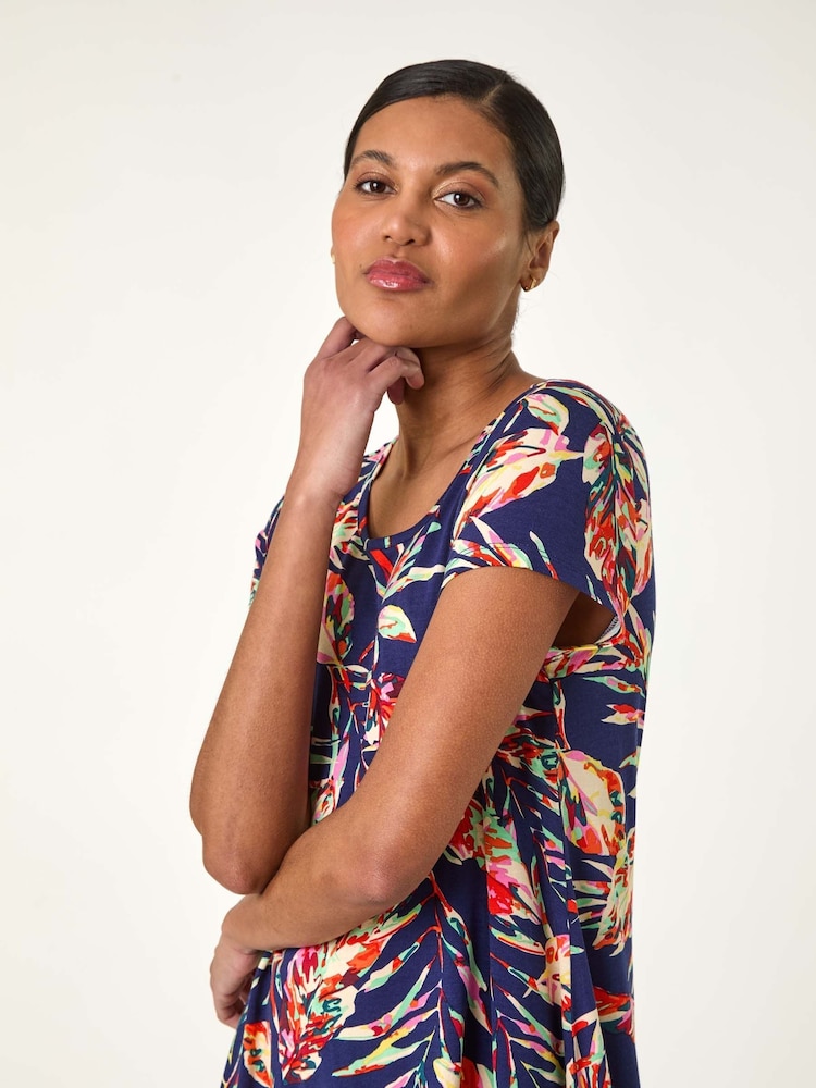 Roman Denim Blue Leaf Print Hanky Hem Tunic Top - Image 4 of 5