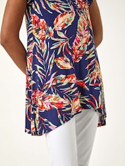 Roman Denim Blue Leaf Print Hanky Hem Tunic Top - Image 5 of 5