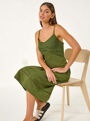 Roman Green 100% Cotton Lace Panel Strappy Midi Dress - Image 1 of 5