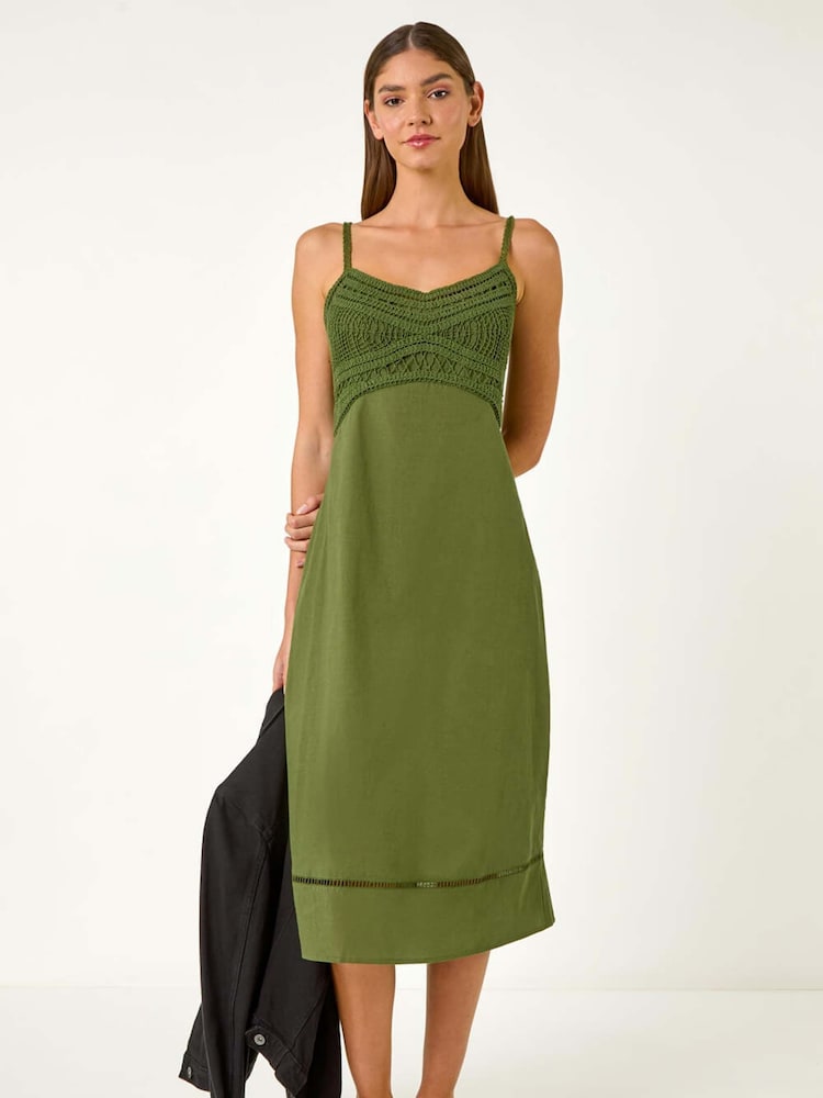 Roman Green 100% Cotton Lace Panel Strappy Midi Dress - Image 2 of 5