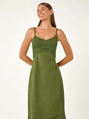 Roman Green 100% Cotton Lace Panel Strappy Midi Dress - Image 4 of 5