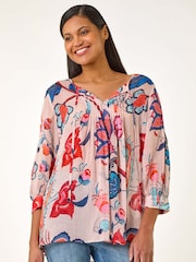 Roman Blue Floral Print Tie Front Top - Image 1 of 5