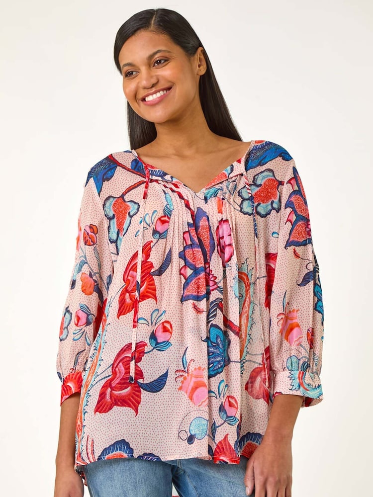 Roman Blue Floral Print Tie Front Top - Image 1 of 5