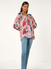 Roman Blue Floral Print Tie Front Top - Image 2 of 5