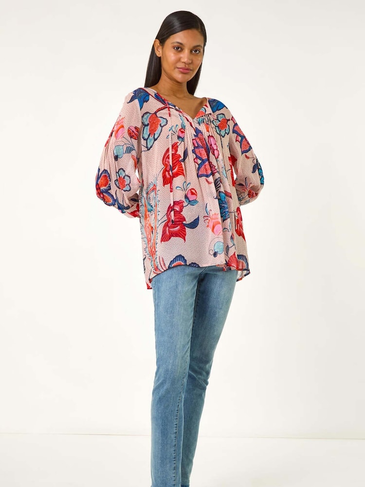 Roman Blue Floral Print Tie Front Top - Image 2 of 5