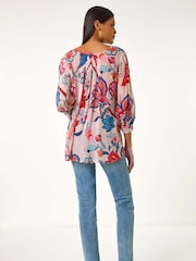 Roman Blue Floral Print Tie Front Top - Image 3 of 5