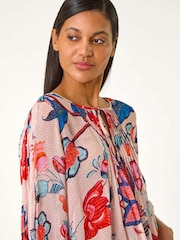 Roman Blue Floral Print Tie Front Top - Image 4 of 5