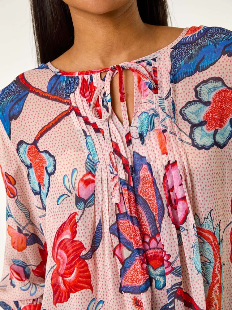 Roman Blue Floral Print Tie Front Top - Image 5 of 5