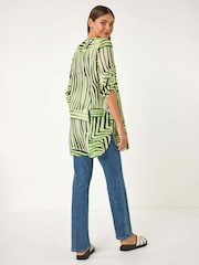 Roman Green Abstract Linear Print V-Neck Button Top - Image 3 of 5
