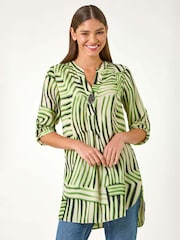 Roman Green Abstract Linear Print V-Neck Button Top - Image 4 of 5