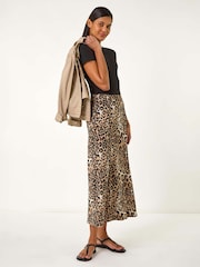 Roman Brown Leopard Print A-Line Midi Skirt - Image 4 of 5