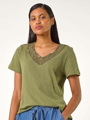 Roman Green 100% Cotton Sequin Trim V-Neck Stretch Top - Image 1 of 5