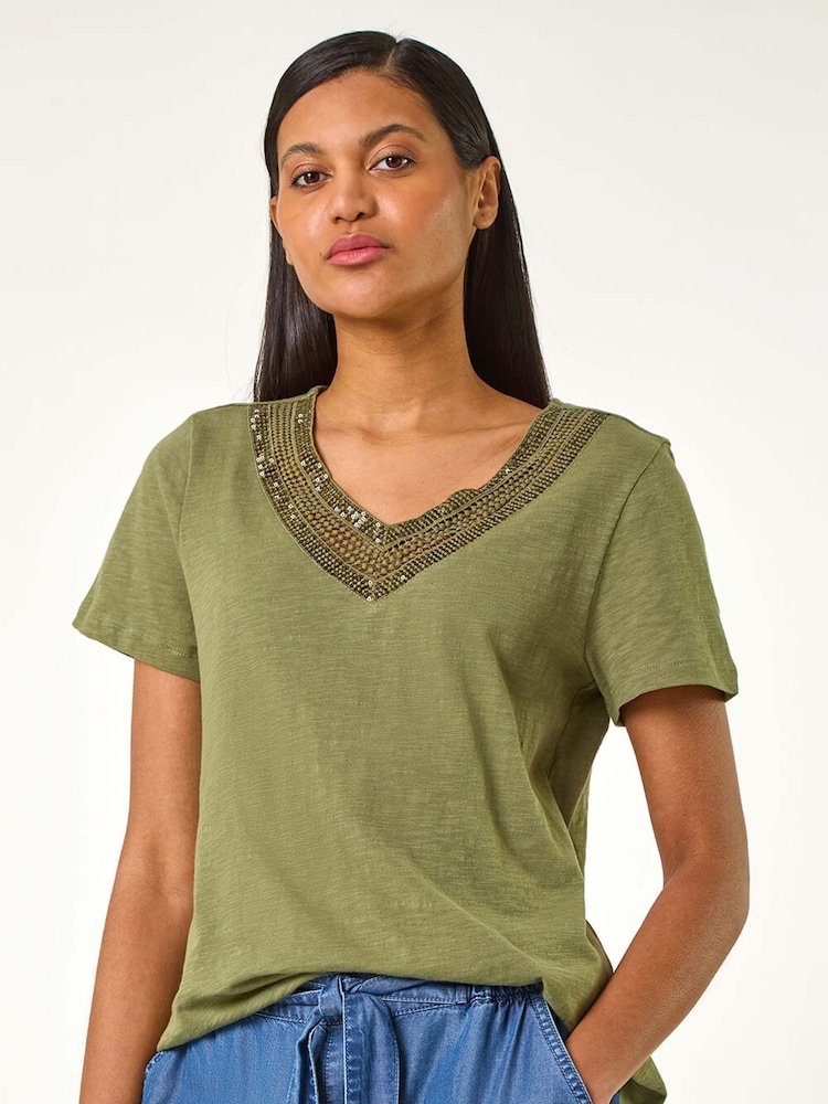 Roman Green 100% Cotton Sequin Trim V-Neck Stretch Top - Image 1 of 5
