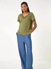 Roman Green 100% Cotton Sequin Trim V-Neck Stretch Top - Image 2 of 5