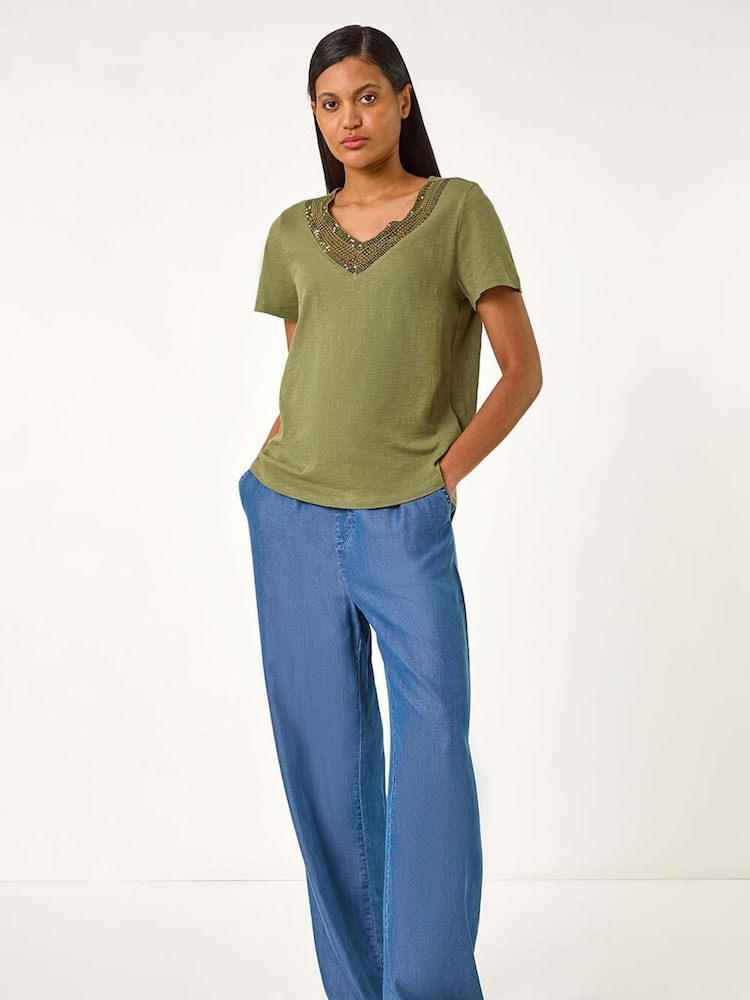 Roman Green 100% Cotton Sequin Trim V-Neck Stretch Top - Image 2 of 5