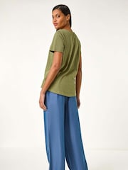 Roman Green 100% Cotton Sequin Trim V-Neck Stretch Top - Image 3 of 5