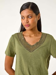 Roman Green 100% Cotton Sequin Trim V-Neck Stretch Top - Image 4 of 5