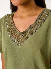 Roman Green 100% Cotton Sequin Trim V-Neck Stretch Top - Image 5 of 5