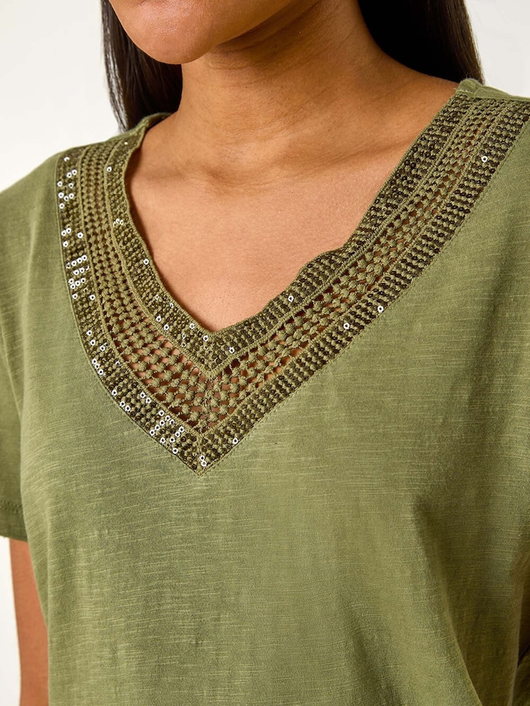 Roman Green 100% Cotton Sequin Trim V-Neck Stretch Top - Image 5 of 5 Roman Green 100% Cotton Sequin Trim V-Neck Stretch Top - Image 5 of 5