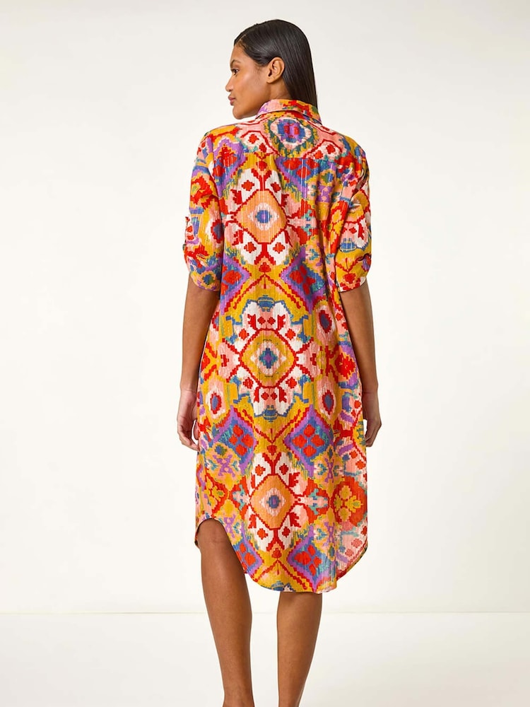 Roman Orange Ikat Button Shirt Dress - Image 3 of 5