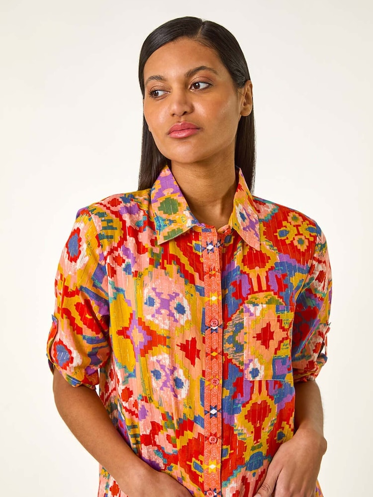 Roman Orange Ikat Button Shirt Dress - Image 4 of 5