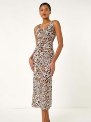 Roman Brown Animal Print 100% Cotton Strappy Midi Dress - Image 2 of 5
