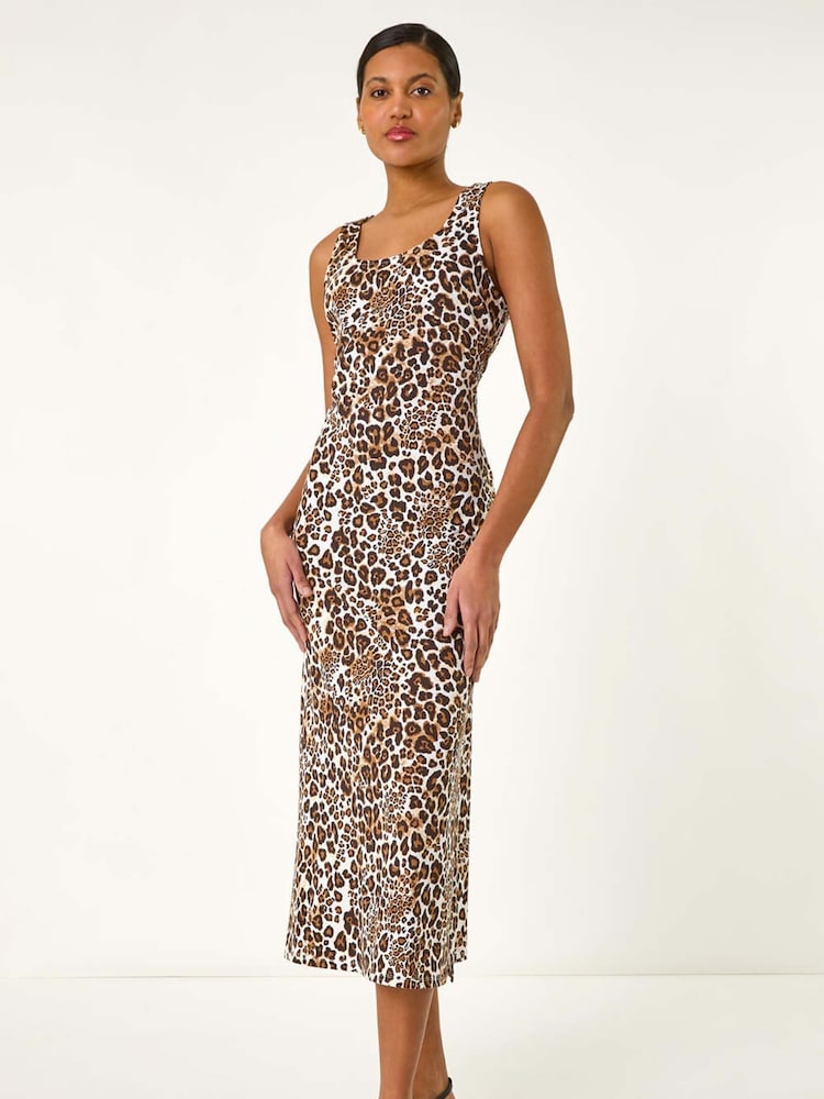 Roman Brown Animal Print 100% Cotton Strappy Midi Dress - Image 2 of 5